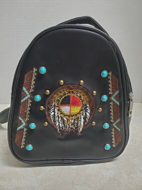 Black Mini Backpack Medicine Wheel Design Turquoise Accents